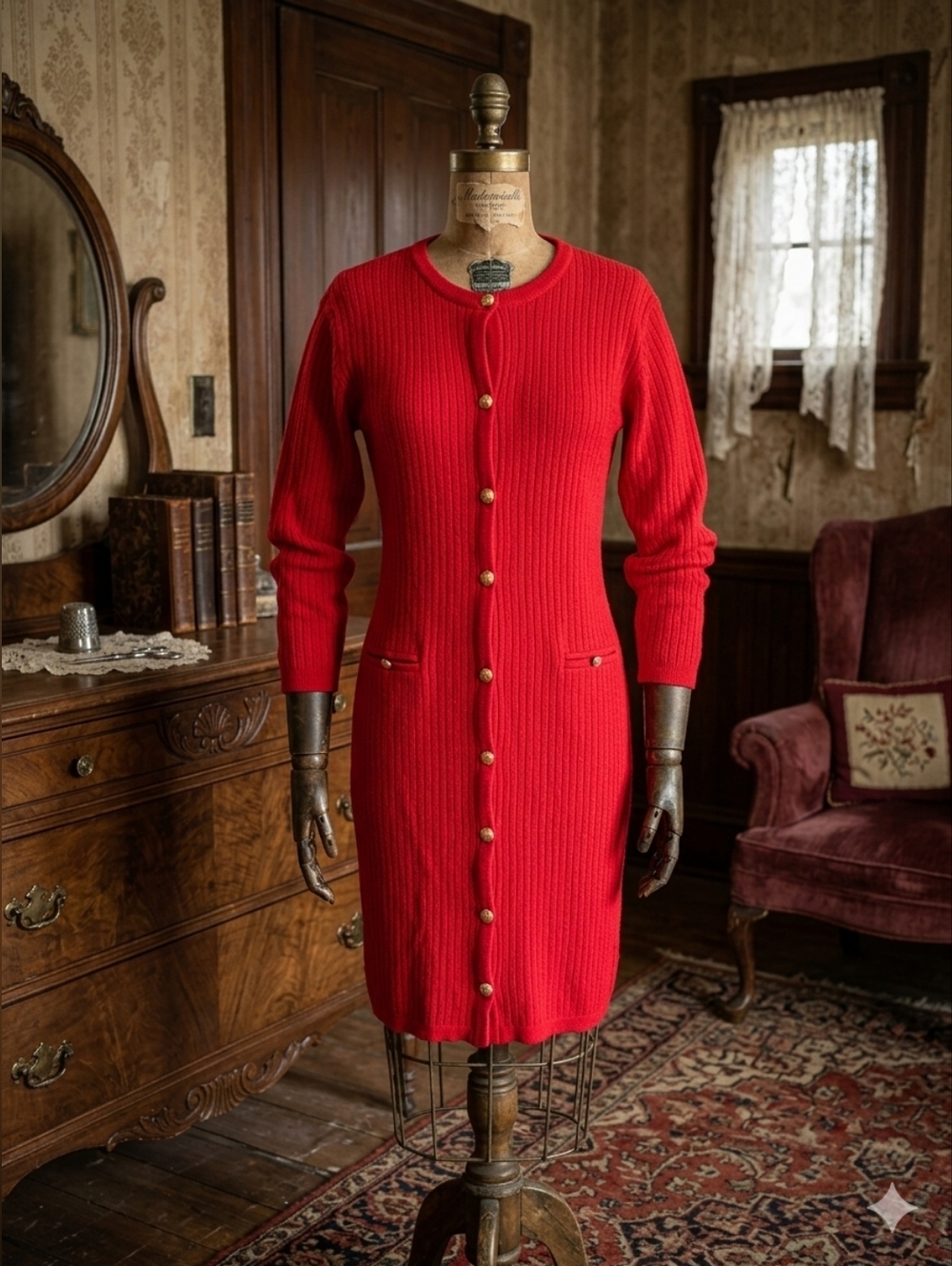 Vintage Red Ribbed Knit Button-Front Midi Dress – Gold Star Buttons